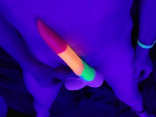 Fucking myself with a Rainbow UV reactive gigantic 15" Buck Dildo
