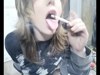 Sexy smoker Roxy swallow ash on tongue rub ash on perky teen tits- pale hot