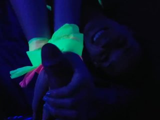 Glow in the dark blowjob and sockjob with hands and feet tied up