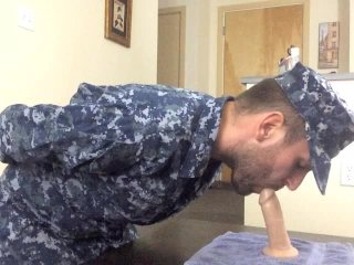 Throat Training a Hogtied Navy Guy