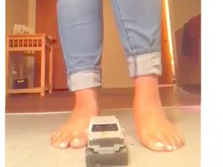 Big feet giantess crushing toy car -Barefoot
