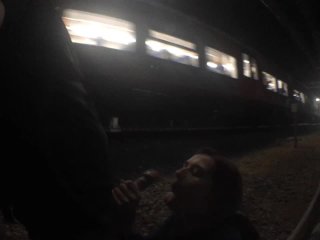 public blowjob with a cumshot on the railroad