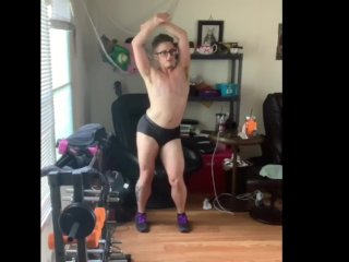 Cute trans man works up a sweat playing Just Dance in his underwear