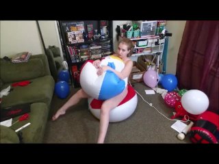 Horny Camgirl Struggles To Deflate Two Classic Beach Balls