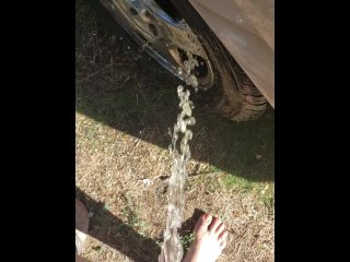 Country Girl Pees On Abandon Car On Dirt Road