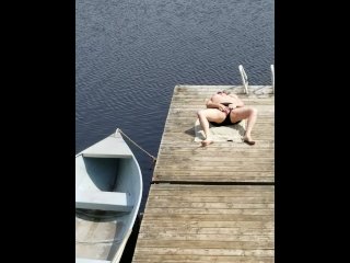 Rub my cock watching my wife masturbate on a public jetty, almost caught! 