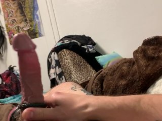 Cumming in bed with cock ring ball stretcher