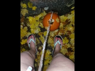 Girl Standing Festive Piss On Pumpkin