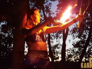 DRAGON QUEEN KIRAKANDELLA PYRO SPINS FIRE AND BURNS HER TGIRL COCK AND BODY