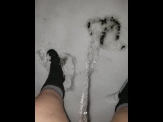 Girl Pees Standing Outside After First Snow Of The Year, No Pants