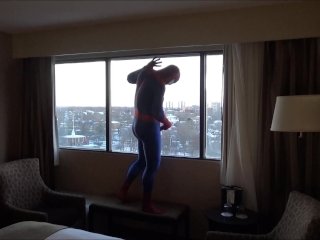 spider shoots onto hotel window