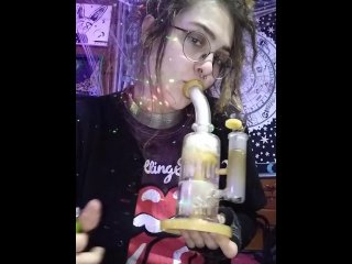 Hippie Chick Smoking Double Perc Bong