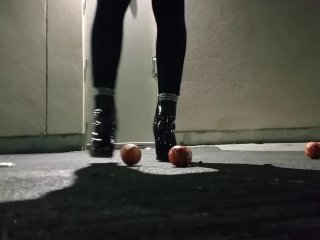 Shiny Black Boots Crushing Oranges - Preview