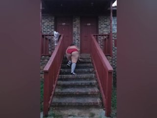 Outdoor stairs yoga in panties