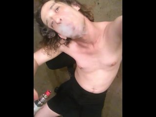 Obviously Aroused Topless Vaping In Only Shorts & Socks