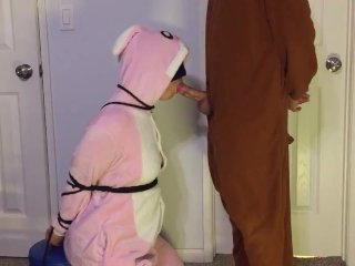 Bunny onesie pajamas blowjob tied up