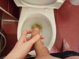 Teen pees in the toilet and gently touches the penis