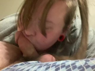 Close Up BBW milf sucking his cock and swallowing his load