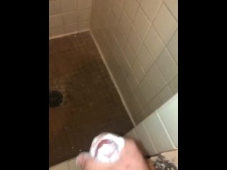 Big white cock cumming in camp shower
