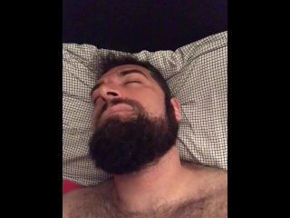 Big hairy bearded bear woke up very horny and wanking in bed. Beautiful agony. Orgasm face