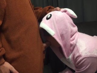 Bunny onesie gagging on cock tied up on couch