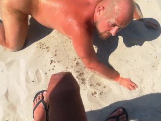 Hairy ass gay bear with hot bubble butt pissed off by stranger om the nudist beach in the Greece.
