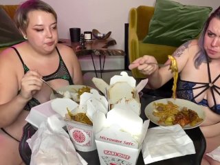 Two Chubby BBW Stepsisters Stuff Their Bellies with Chinese Food