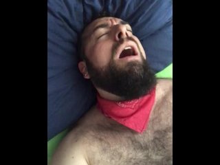 Big bearded and hairy bear wanking rubbing the bed sheet on his hard and wet cock. Beautiful Agony