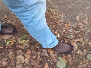 Risky walking in the forest barefoot with pantyhose, I also needed to pee!