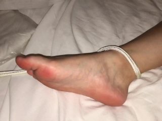 Sexy tiny feet tied to bed and fingered 