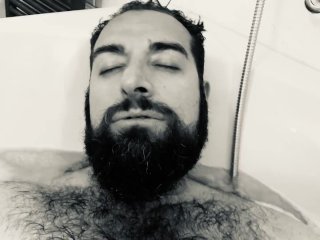 Big hairy and very horny Italian bearded daddy bear wanking in the foam bathtub and moaning a lot