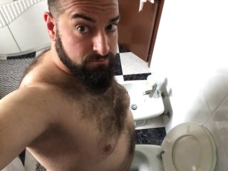 Big bearded Italian daddy bear with very hairy chest pisses a lot after wanking and cumming a lot