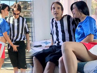 Hot brunette cheerleader college babe cheating on boyfriend and seduces the old big dick referee