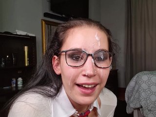 Blowjob teen gets blasted with cum on her glasses  4K