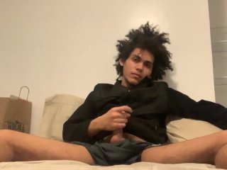 Kinky hair Hispanic teen touches himself and masturbates