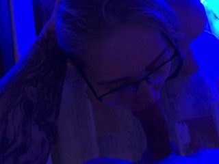 Sucking cock in glasses. doggie style. gets cum in her mouth