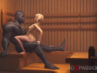 Black big guy plays with a college girl in sauna