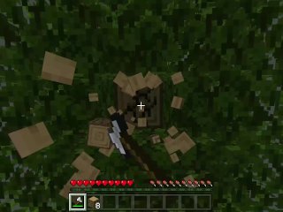 Chopping down a tree with my rock hard axe in Minecraft