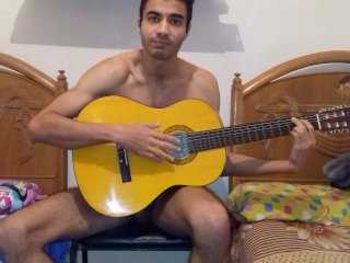 Guy with sexy naked body training playing guitar just after making long fucking compilation