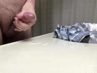 He cums on counter, licks up some of his own cum