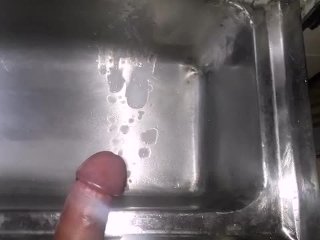Man moaning and masturbating in the sink of a public bathroom / huge cock does cum creampie AndyZ 94