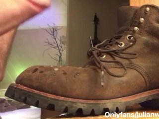 Hot construction worker w/ big uncut cock cums on his work boot. Full video @onlyfans/julianwolfgang