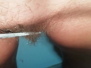 Pubic haircut with big Kitchen scissors - so scary to damage my pussy