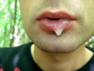 Close up playing with cum on lips - Blowing cum bubbles and swallowing all that cum