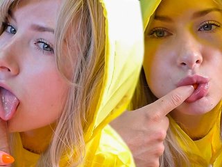 Girl in a Raincoat Passionate Sucking Big Cock until Cum Mouth - Homemade