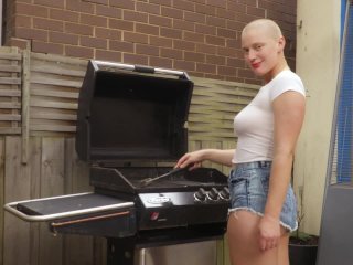 Busty bald girl with hairy pussy and armpits masturbates outdoors
