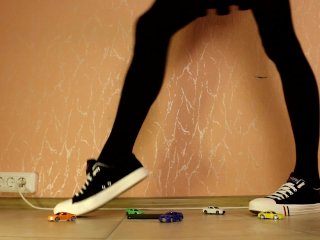 TRANNY GIANTESS CRUSHES TOY CARS IN SNEAKERS, MINI SKIRT AND DARK PANTYHOSES - 1 (CRUSH FETISH)