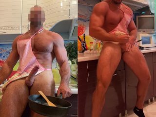 Muscle athlete making breakfast with morning wood/fans.ly/ArchiPan