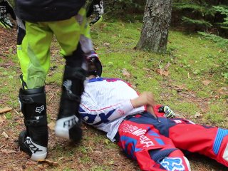 Motocross biker boot trample and wank
