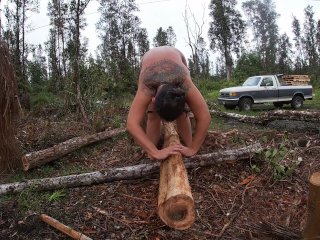 Beating off a log and rubbing it with my feet naked stretch in the rain of this wonderful world